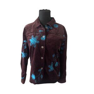 Erin London brown and teal blue embroidered floral print jacket size S